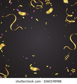 Celebration party banner with golden balloons and serpentine. on a background