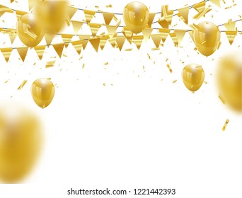 Celebration party banner with golden balloons and serpentine.