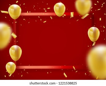 Celebration party banner with golden balloons. red background frame.