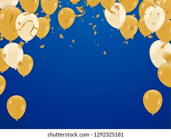 Celebration party banner with golden balloons and serpentine