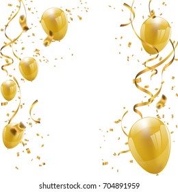 Celebration party banner with golden balloons and serpentine.