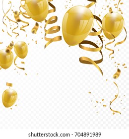 Celebration party banner with golden balloons and serpentine.