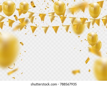 Celebration party banner with golden balloons and serpentine.