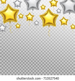 Celebration party banner with golden star balloons on transparent background. Editable template for Greeting, invitation card or flyer.