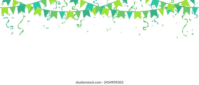 celebration party banner with green garland flag and confetti background vector illustration. greeting card design. anniversary