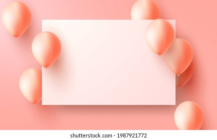 Celebration party banner with orange color balloons background. Sale Vector illustration. Grand Opening Card luxury greeting rich. frame template.