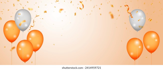 Celebration party banner with orange color balloons background. Grand opening vector illustration template. promotion and birthday card or invitation. Vector Illustration