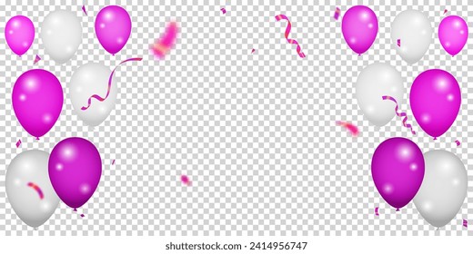 Celebration party banner with pink color balloons background. Vector party balloons illustration.  confetti, ribbon