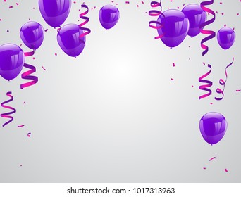 Celebration party banner with purple balloons isolated on white background. confetti and ribbons. Vector illustration