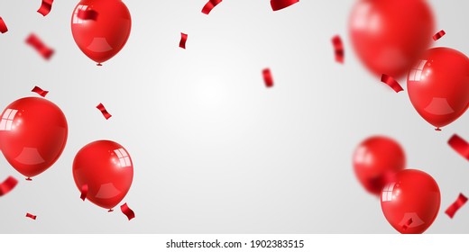 Celebration party banner with red balloons and confetti background. Sale Vector illustration. Grand Opening Card luxury greeting rich.