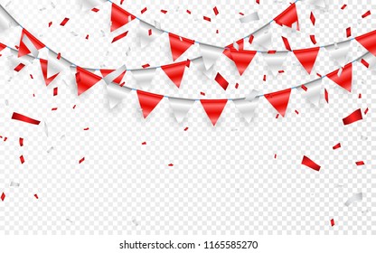 Celebration party banner. Red and silver foil confetti and flag garland. Vector illustration.