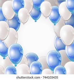 Celebration party banner with white and blue shining balloons frame with place for text. Greeting, invitation card or flyer. Flying blue glitter and pearl balloons