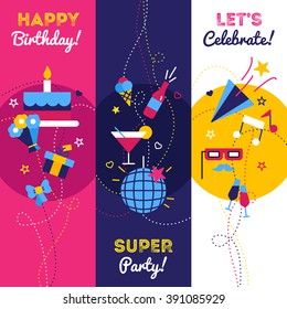 Celebration party and birthday banners with gifts petard bottle of champagne and cake with candles isolated vector illustration