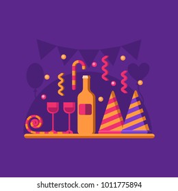 Celebration party: birthday, carnival and others. Holiday vector clipart: alcohol, glass, wine, balloons, hat, party blower. Greeting template. Invitation card.