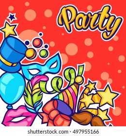 Celebration party card with carnival icons and objects.