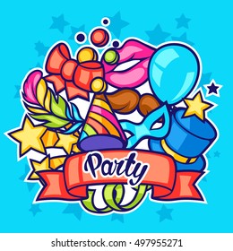 Celebration party card with carnival icons and objects.