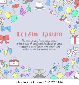 Celebration party card with text and vector color illustrations of cake, gift, drink, balloon, confetti, hat, fireworks, mask, moustache, lip, candy and etc for graphic design