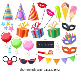 Celebration party carnival festive icons set. Colorful symbols - hat, mask, gifts, balloons, glasses, serpentine and flags