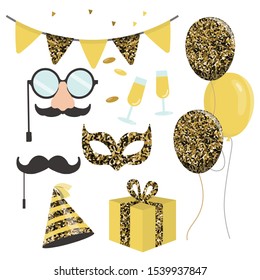 Celebration Party Carnival Festive Icons Set For New Year And Birthday Party. Goldensymbols - Hat, Mask, Gifts, Balloon.