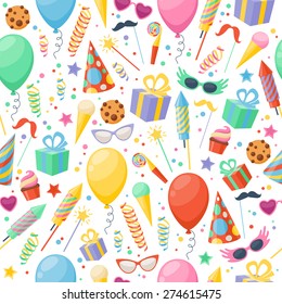 Celebration party carnival festive icons seamless pattern. Colorful symbols - hat, mask, gifts, balloon.