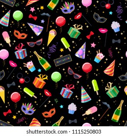 Celebration party carnival festive seamless background. Colorful symbols pattern - hat, mask, gifts, balloons, champagne fireworks flags