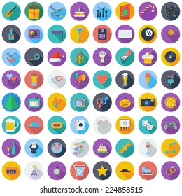 Celebration and Party color flat icons set with long shadow. Vector illustration.