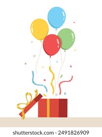 Celebration party with colorful balloons and gift box, Surprise gift box with celebration greeting design. 