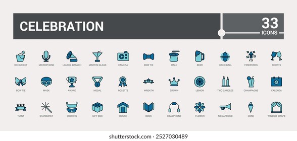Celebration and party colorful Icons set. Color icon collection of line and filled mix symbol, Editable and pixel perfect, Icon names are written in English.