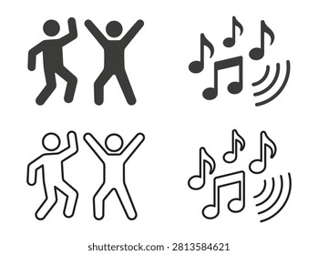 Celebration party element pack in minimalist line style, joyful people, music notes, dancing, rhythm, and acoustic sound