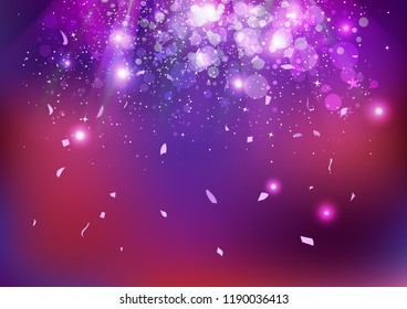 Celebration, party event, stars dust and confetti falling, scatter, explosion sparkle glowing purple concept abstract background vector illustration