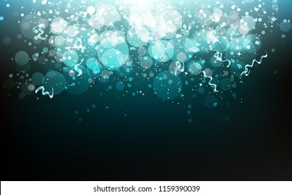 Celebration party festival, stars, ribbons and confetti paper falling, dust, glowing blurry scatter glitter blinking shiny sparkle abstract background vector illustration