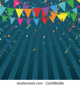 Celebration party flag and confetti on sunburst background