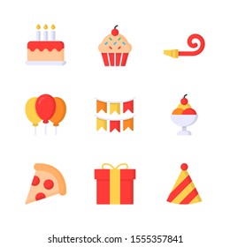 Celebration And Party Flat Vector Icon Set 3, Cake, Cupcake, Whistle, Balloons, Bunting Flags, Ice Cream, Pizza, Gift, And Party Hat