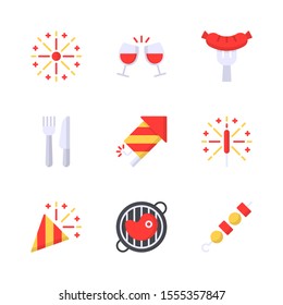 Celebration and Party Flat Vector Icon Set 1, Fireworks Explosion , Drink, Sausage, Dinner, Fireworks, Sparklers, Confetti, Grill and Barbecue