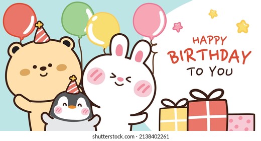 Celebration party happy birthday card.Bear,rabbit,penguin,balloon,star,gift hand drawn.Cute cartoon doodle.Kawaii animal style.Image for wallpaper,banner web,poster.Vector.Illustration.