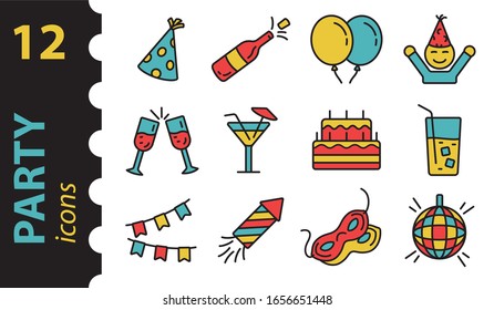 Celebration Party icon set in color. Outline vector illustration, linear symbol holiday. Flat modern style.