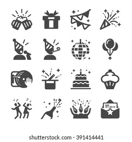 Celebration and Party icons. Included the icons as congratulation, cake, happy, decoration, balloon, holiday and more.