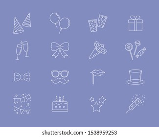 Celebration party Icons set - Vector outline symbols of cake, gift, drink, balloon, confetti, hat, fireworks, mask, moustache, lip, candy and etc for the site or interface