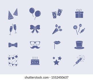 Celebration party Icons set - Vector solid silhouettes of cake, gift, drink, balloon, confetti, hat, fireworks, mask, moustache, lip, candy and etc for the site or interface