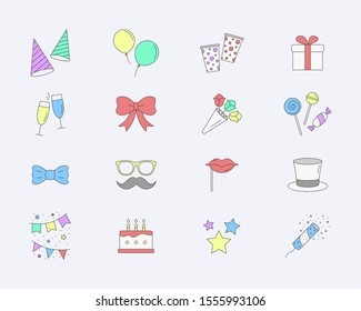 Celebration party Icons set - Vector color symbols of cake, gift, drink, balloon, confetti, hat, fireworks, mask, moustache, lip, candy and etc for the site or interface