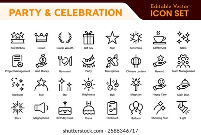Celebration and Party Icons. Vector Icons for Birthdays, Holidays, Festivals, Fireworks, and Event Decorations