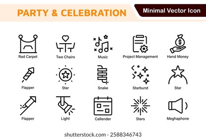 Celebration and Party Icons. Vector Icons for Birthdays, Holidays, Festivals, Fireworks, and Event Decorations