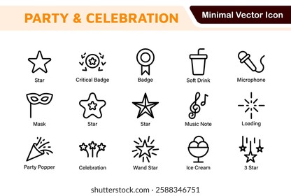 Celebration and Party Icons. Vector Icons for Birthdays, Holidays, Festivals, Fireworks, and Event Decorations