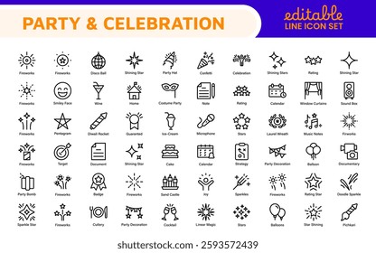 Celebration and Party Icons. Vector Icons for Birthdays, Holidays, Festivals, Fireworks, and Event Decorations