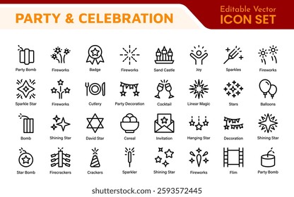 Celebration and Party Icons. Vector Icons for Birthdays, Holidays, Festivals, Fireworks, and Event Decorations