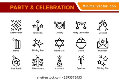 Celebration and Party Icons. Vector Icons for Birthdays, Holidays, Festivals, Fireworks, and Event Decorations