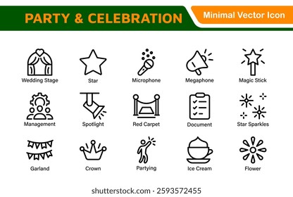 Celebration and Party Icons. Vector Icons for Birthdays, Holidays, Festivals, Fireworks, and Event Decorations