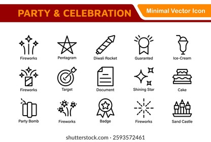 Celebration and Party Icons. Vector Icons for Birthdays, Holidays, Festivals, Fireworks, and Event Decorations