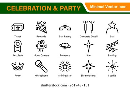 Celebration Party Icons. Vector Icons for Birthdays, Holidays, Festivals, Fireworks, and Event Decorations