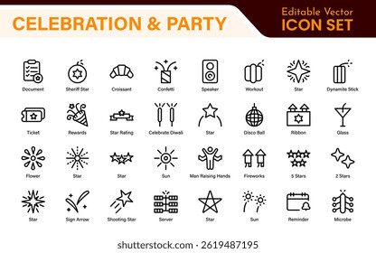 Celebration Party Icons. Vector Icons for Birthdays, Holidays, Festivals, Fireworks, and Event Decorations